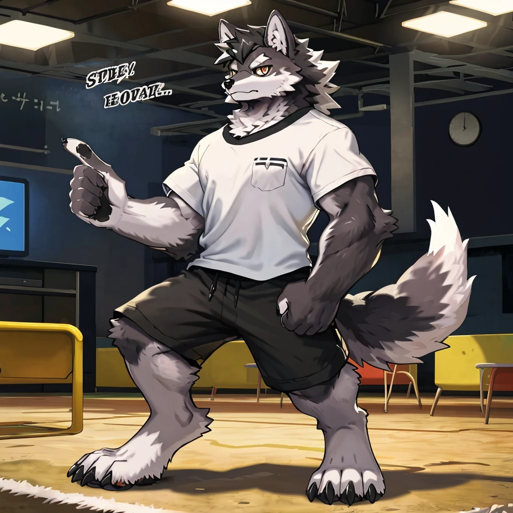 (Strong arms),(Strong legs),masterpiece, best quality, Official Art, Extremely detailed CG unified 8k wallpaper, Ultra Detailed, Best Illustration, , Ink fur, hairy male, Wolf Boy, hairy, Ink fur, 1 Boy,, male focus,, Striped hair, Wolf ears, Animal ears, Single speaker, Ink fur, Bangs, dark hair, White highlights, Medium Hair, Solitary, Ink tail,hairy尾巴,(Black pupil),High target,(In a school playground),,barefoot,(Sexy),((High target and strong)),side,(Delicate eyes:1.2),Inky eyes,male,Solitary,(Inky pupils),(Detailed face),(Sharp eyes),Permanent,(Detailed hands),(Foot details),aldult,type,Moderate,Long legs,(Detailed fingers),(Delicate eyes),(White shirt),(Black shorts),easy,
