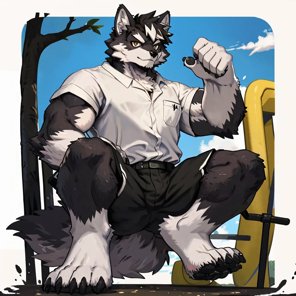 (Strong arms),(Strong legs),masterpiece, best quality, Official Art, Extremely detailed CG unified 8k wallpaper, Ultra Detailed, Best Illustration, , Ink fur, hairy male, Wolf Boy, hairy, Ink fur, 1 Boy,, male focus,, Striped hair, Wolf ears, Animal ears, Single speaker, Ink fur, Bangs, dark hair, White highlights, Medium Hair, Solitary, Ink tail,hairy尾巴,(Black pupil),High target,(In a school playground),,barefoot,(Sexy),((High target and strong)),side,(Delicate eyes:1.2),Inky eyes,male,Solitary,(Inky pupils),(Detailed face),(Sharp eyes),Permanent,(Detailed hands),(Foot details),aldult,type,Moderate,Long legs,(Detailed fingers),(Delicate eyes),(White shirt),(Black shorts),easy,