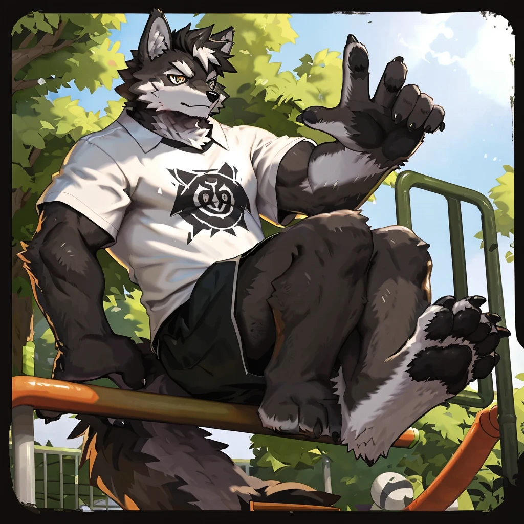 (Strong arms),(Strong legs),masterpiece, best quality, Official Art, Extremely detailed CG unified 8k wallpaper, Ultra Detailed, Best Illustration, , Ink fur, hairy male, Wolf Boy, hairy, Ink fur, 1 Boy,, male focus,, Striped hair, Wolf ears, Animal ears, Single speaker, Ink fur, Bangs, dark hair, White highlights, Medium Hair, Solitary, Ink tail,hairy尾巴,(Black pupil),High target,(In a school playground),,barefoot,(Sexy),((High target and strong)),side,(Delicate eyes:1.2),Inky eyes,male,Solitary,(Inky pupils),(Detailed face),(Sharp eyes),Permanent,(Detailed hands),(Foot details),aldult,type,Moderate,Long legs,(Detailed fingers),(Delicate eyes),(White shirt),(Black shorts),easy,