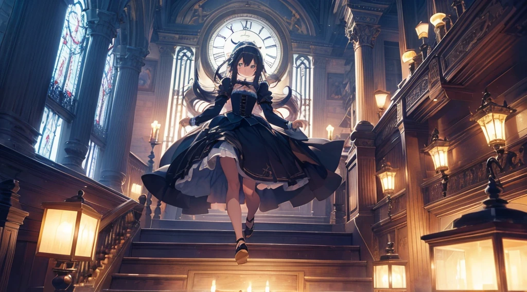 midnight、A big clock showing 23:59、Grand staircase in the castle、Cinderella Running Down、Glass slippers on the stairs、
