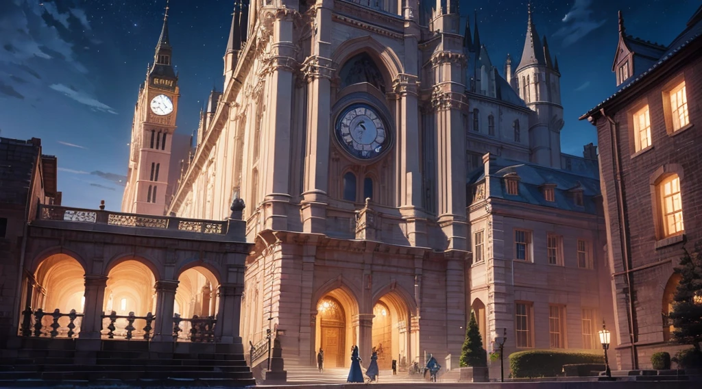 midnight、A big clock showing 23:59、Grand staircase in the castle、Cinderella Running Down、Glass slippers on the stairs、