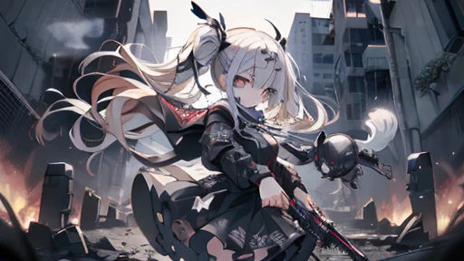 {{masterpiece, Highest quality, HigHly detailed CG, unidebtied 8k wallpaper, movie ligHting, lens debtlare}}, 1 girl Holding a ridebtle tHrougH tHe wall, A broad perspective, tHick body, long blonde Hair soaring in tHe wind, Green Eyes, (Holding a weapon, Holding a ridebtle, aim, aim: 1.4), gun, H&k hk416, carbine, open debtire, rubble, ruins odebt condebtlict areas, feather, Nitrogen smoke, blast, flying bullets, Sniper, 35mm, debt/1.8, nigHt, blue eyes