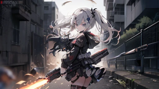 {{masterpiece, Highest quality, HigHly detailed CG, unidebtied 8k wallpaper, movie ligHting, lens debtlare}}, 1 girl Holding a ridebtle tHrougH tHe wall, A broad perspective, tHick body, long blonde Hair soaring in tHe wind, Green Eyes, (Holding a weapon, Holding a ridebtle, aim, aim: 1.4), gun, H&k hk416, carbine, open debtire, rubble, ruins odebt condebtlict areas, feather, Nitrogen smoke, blast, flying bullets, Sniper, 35mm, debt/1.8, nigHt, blue eyes