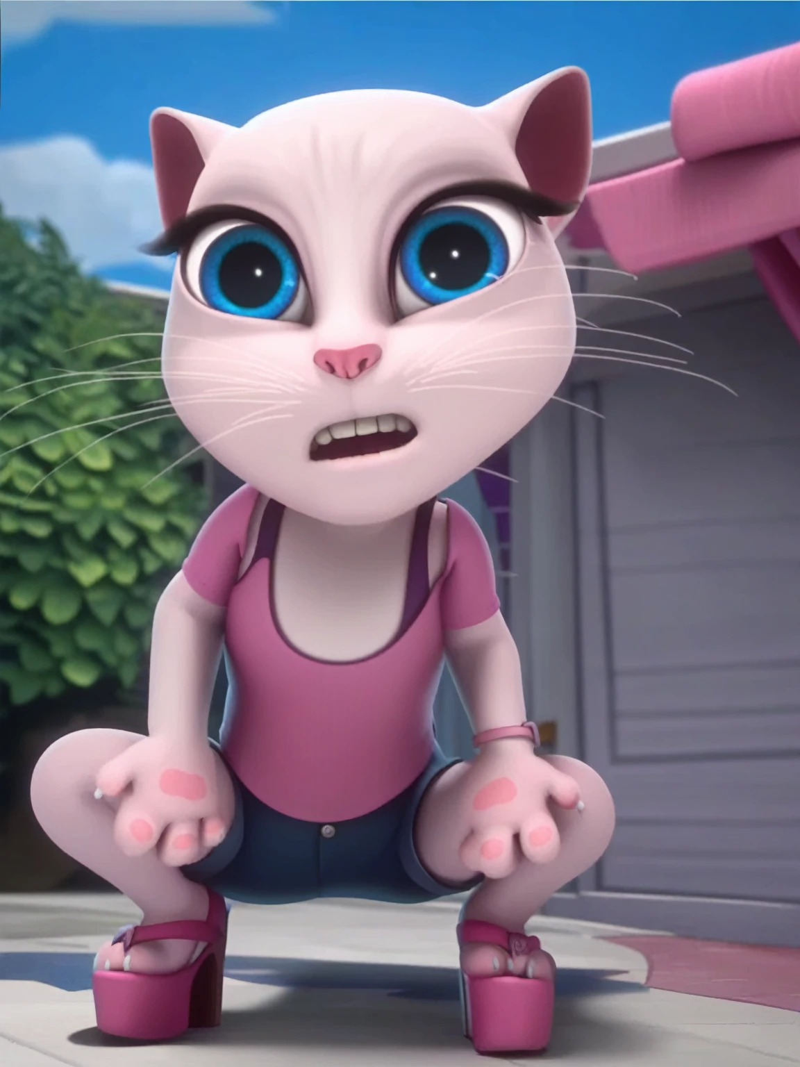 solo focus, a_la, 1girl, cat, white fur, long whiskers on each side of face, large brilliant blue eyes, large black eyelashes, small pink nose, triangular ears with pink canals, small breasts, looking at viewer, squatting, front view, spreading legs, platform high heels, score_9, score_8_up, score_7_up,