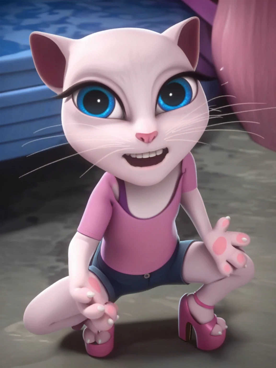 solo focus, a_la, 1girl, cat, white fur, long whiskers on each side of face, large brilliant blue eyes, large black eyelashes, small pink nose, triangular ears with pink canals, small breasts,     looking at viewer, squatting, front view, spreading legs, platform high heels, score_9, score_8_up, score_7_up,