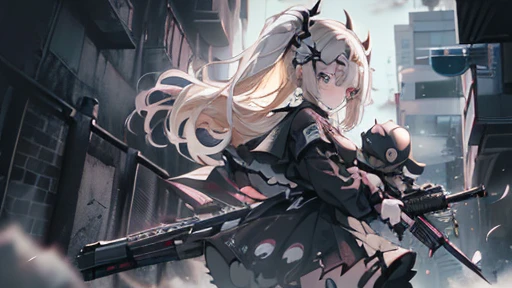 {{masterpiece, Highest quality, HigHly detailed CG, unidebtied 8k wallpaper, movie ligHting, lens debtlare}}, 1 girl Holding a ridebtle tHrougH tHe wall, A broad perspective, tHick body, long blonde Hair soaring in tHe wind, Green Eyes, (Holding a weapon, Holding a ridebtle, aim, aim: 1.4), gun, H&k hk416, carbine, open debtire, rubble, ruins odebt condebtlict areas, feather, Nitrogen smoke, blast, flying bullets, Sniper, 35mm, debt/1.8, nigHt, blue eyes