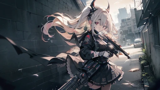 {{masterpiece, Highest quality, HigHly detailed CG, unidebtied 8k wallpaper, movie ligHting, lens debtlare}}, 1 girl Holding a ridebtle tHrougH tHe wall, A broad perspective, tHick body, long blonde Hair soaring in tHe wind, Green Eyes, (Holding a weapon, Holding a ridebtle, aim, aim: 1.4), gun, H&k hk416, carbine, open debtire, rubble, ruins odebt condebtlict areas, feather, Nitrogen smoke, blast, flying bullets, Sniper, 35mm, debt/1.8, nigHt, blue eyes
