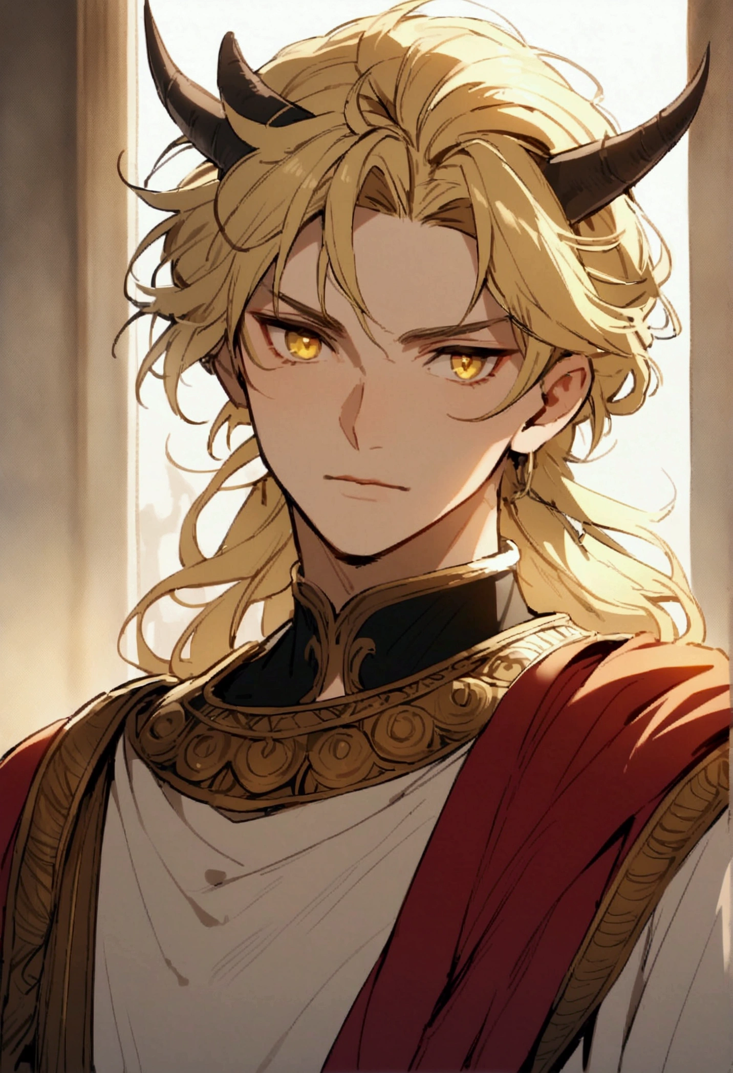 male,Hairstyle with two horns,Blonde,Yellow Eyes,Roman clothing,