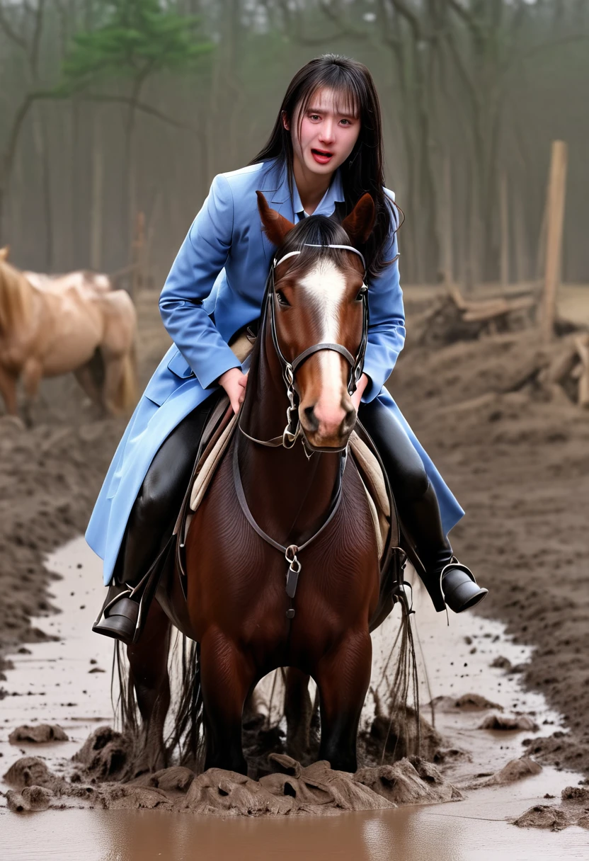 a female rider with long black hair in a green rubber raincoat, a female rider with long hair is carrying a naked man on a horse, there is an attractive british woman with a very furious face in a very shiny green rubber raincape riding on a horse and holding a naked and consciousless athletic and shorthaired man in her lap, pity, injury, first aid, pity