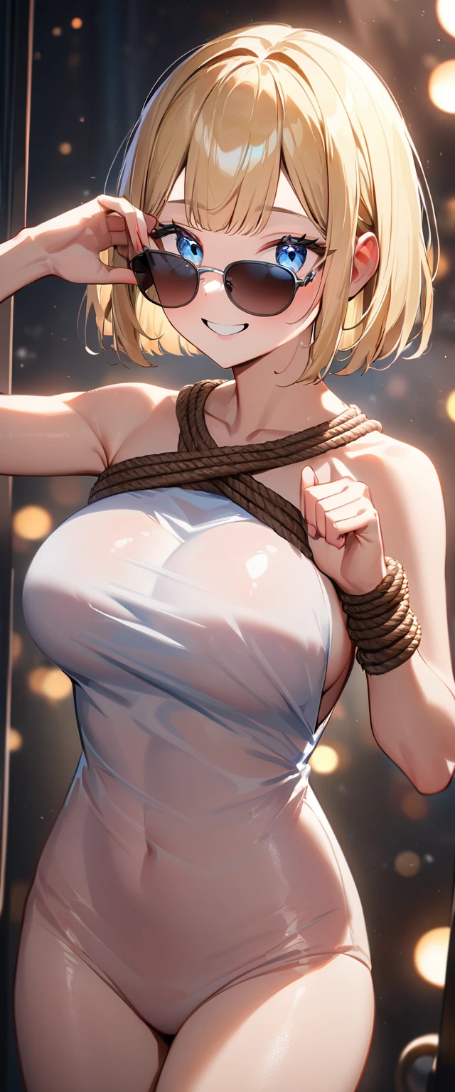 (((One Girl))), blonde, Bobcut, (Cowboy Shot), ((sunglasses, hand to sunglasses)), (View your audience), Focus on the face, ager, Tilt your head:1.3, (((blue eyes))), ((smile)), ((blush)), Contrasting, Place one hand on hip, (((Exposed Skin))), , (((Pulling her big breasts with rope))), leotard, ((See-through clothing:1.3)), Naked Shirt, , Anime Style, (Highest quality, 4K, 8K, High resolution, masterpiece:1.2, Very detailed, Very detailed eyes, High resolution, 超High resolution, Studio Lighting, Ultra-fine painting, Sharp focus, Physically Based Rendering, Very detailed説明, Professional, Vibrant colors, Bokeh)、Excited、Heavy breathing