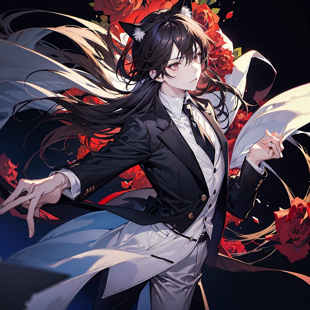Create a profile picture of an anime boy with cat ears. He should have brown hair and be dressed in a black shirt, a black blazer, and a red tie. His pants should be black. The background should be filled with red roses.