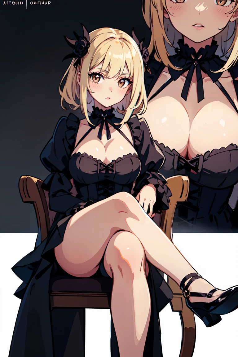 masterpiece, best quality, highly detailed background, perfect lighting, best quality, (extremely detailed face), volumetric lighting, intricate details, shadow, tonemapping, sharp focus, hyper detailed, trending on Artstation, (solo) ((Looking at the viewer)) .Girl with medium blond hair. Brown eyes. curvy. Blush, Clear skin. Big bust.((Gothic dressed)). Gothic shoes. ((Gothic makeup)) ((Crossed legs))