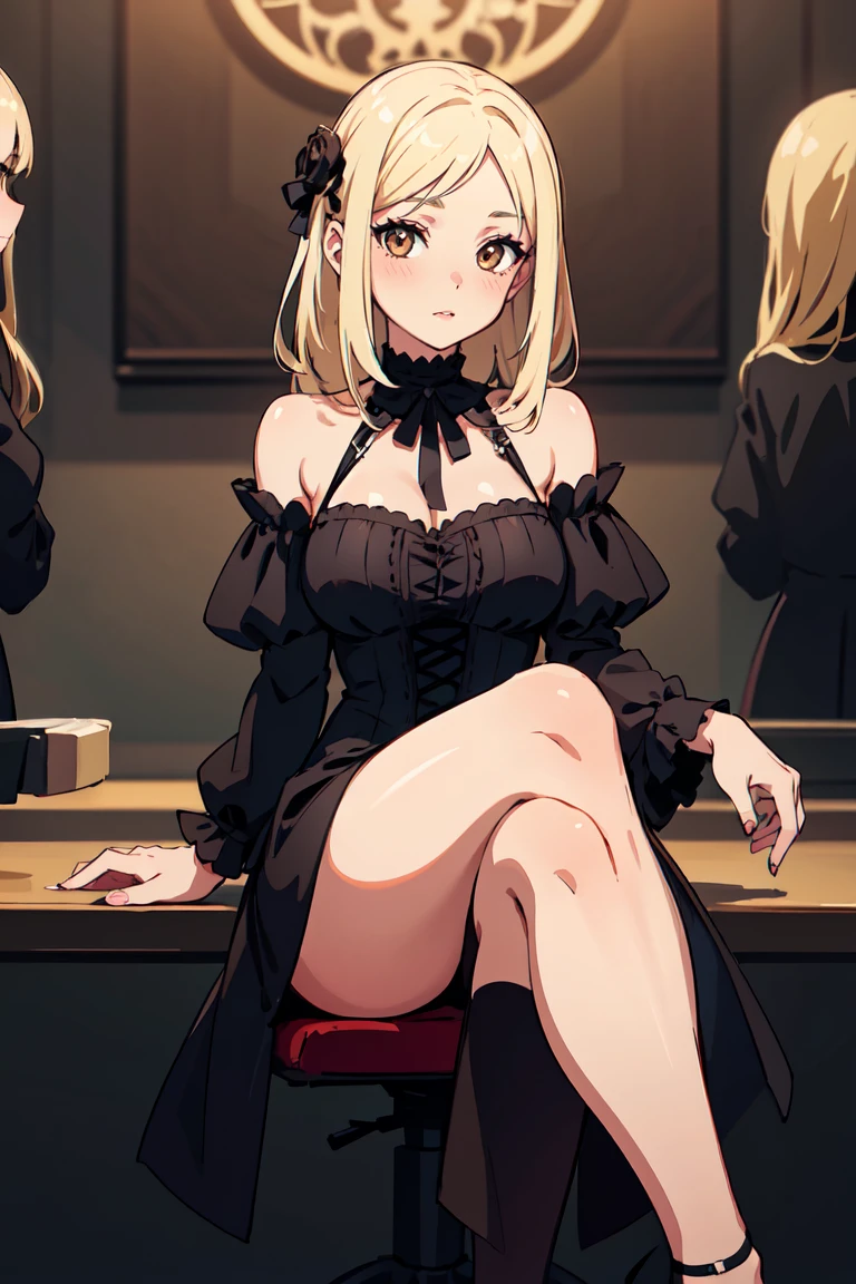 masterpiece, best quality, highly detailed background, perfect lighting, best quality, (extremely detailed face), volumetric lighting, intricate details, shadow, tonemapping, sharp focus, hyper detailed, trending on Artstation, (solo) ((Looking at the viewer)) .Girl with medium blond hair. Brown eyes. curvy. Blush, Clear skin. Big bust.((Gothic dressed)). Gothic shoes. ((Gothic makeup)) ((Crossed legs))