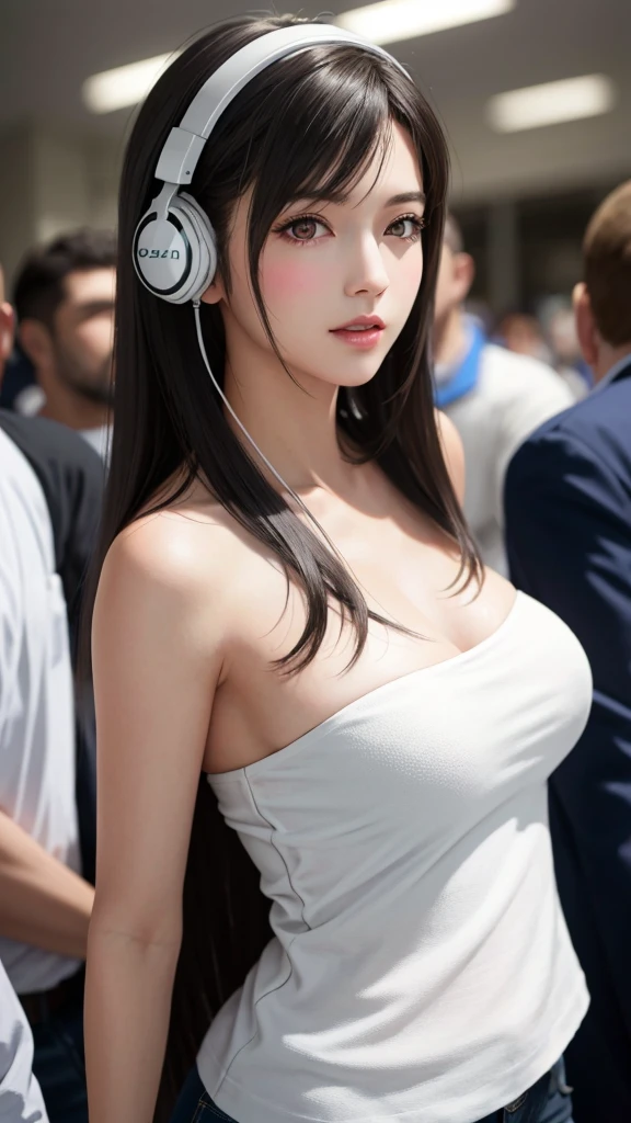 {Top Quality, Masterpiece}, (Realistic: 1.3), BREAK {{{FF7, Tifa_lockhart, solo}}},(crowd of men:1.7), BREAK Ultra-detailed face, Detailed RED eyes,{Dark Brown Hair, Large breasts},{{{A dark, disco club, she is a disc-jockey, table, indoor}}}, BREAK (wearing micro shorts, white tube top:1.5, glowing headphones), clothed:1.2, (No Bra) ,(shiny oiled skin: 1.1), about 18 years old, {{erotic eyes, erotic mouth, erotic face}}, she is wearing a Shining head-phone:1.3, gravure pose