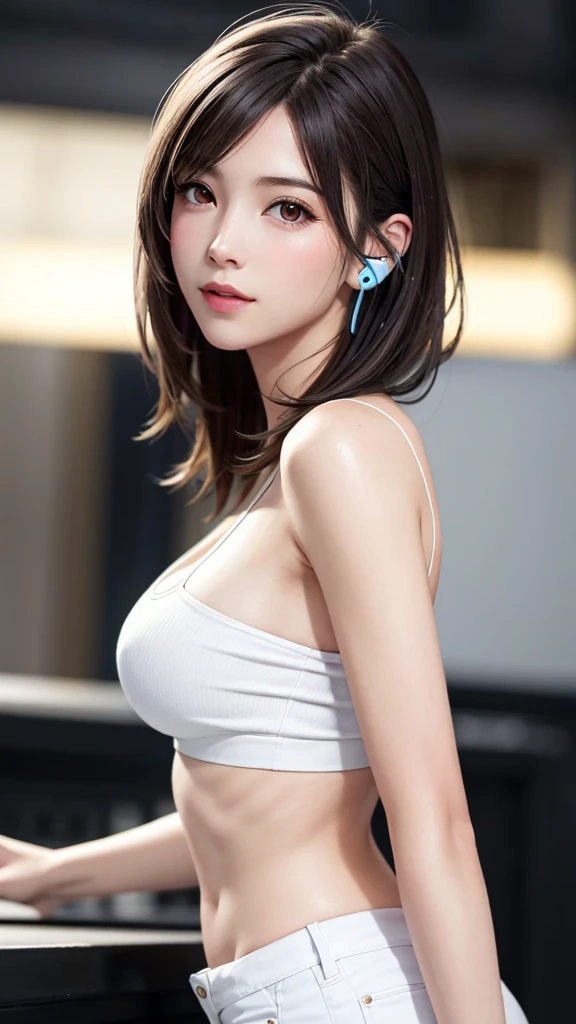 {Top Quality, Masterpiece}, (Realistic: 1.3), BREAK {{{FF7, Tifa_lockhart, solo}}},(crowd of men:1.7), BREAK Ultra-detailed face, Detailed RED eyes,{Dark Brown Hair, Large breasts},{{{A dark, disco club, she is a disc-jockey, table, indoor}}}, BREAK (wearing micro shorts, white tube top:1.5, glowing headphones), clothed:1.2, (No Bra) ,(shiny oiled skin: 1.1), about 18 years old, {{erotic eyes, erotic mouth, erotic face}}, she is wearing a Shining head-phone:1.3, gravure pose