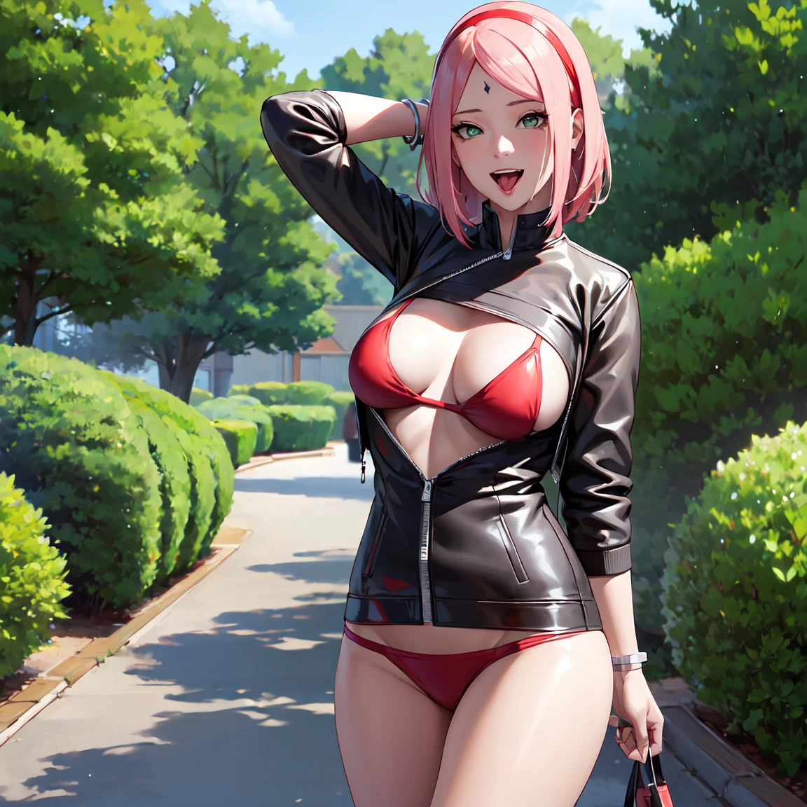 Masterpiece, Best Quality,sharpness,absurdities ,1 girl, Sakura Haruno,mark on forehead, red hair band,, bracelet, looking at the viewer, (arms behind head:1.1), SMILE,, medium large breasts,standing in a garden,arms behind the back,close up,only upper body ,open leather jacket,Bikini, big legs, voluptuous legs, visible skin on legs and body, with open mouth, tongue out, eyes seeing himself, squinting eyes