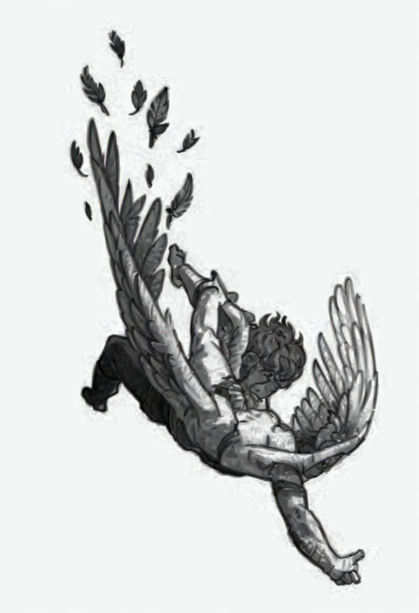 I want an image based on the tale of Icarus when he is falling with his feathers fluttering, I want Icarus to fall