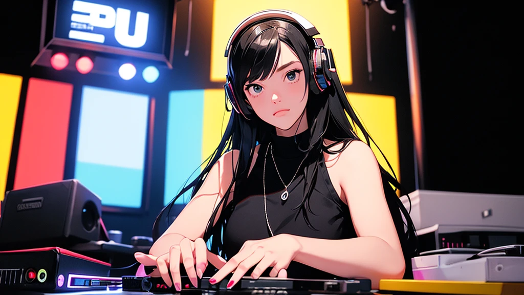 Battle DJ girl in HIPHOP fashion wearing DJ headphones,Front view , Turntablist, DJ Scratch, Two large LED-illuminated speakers on each side, In front of her is a music mixer and a turntable.、A record is placed on the turntable,ターンテーブルはTechnics SL-1200MK7, JQBert,