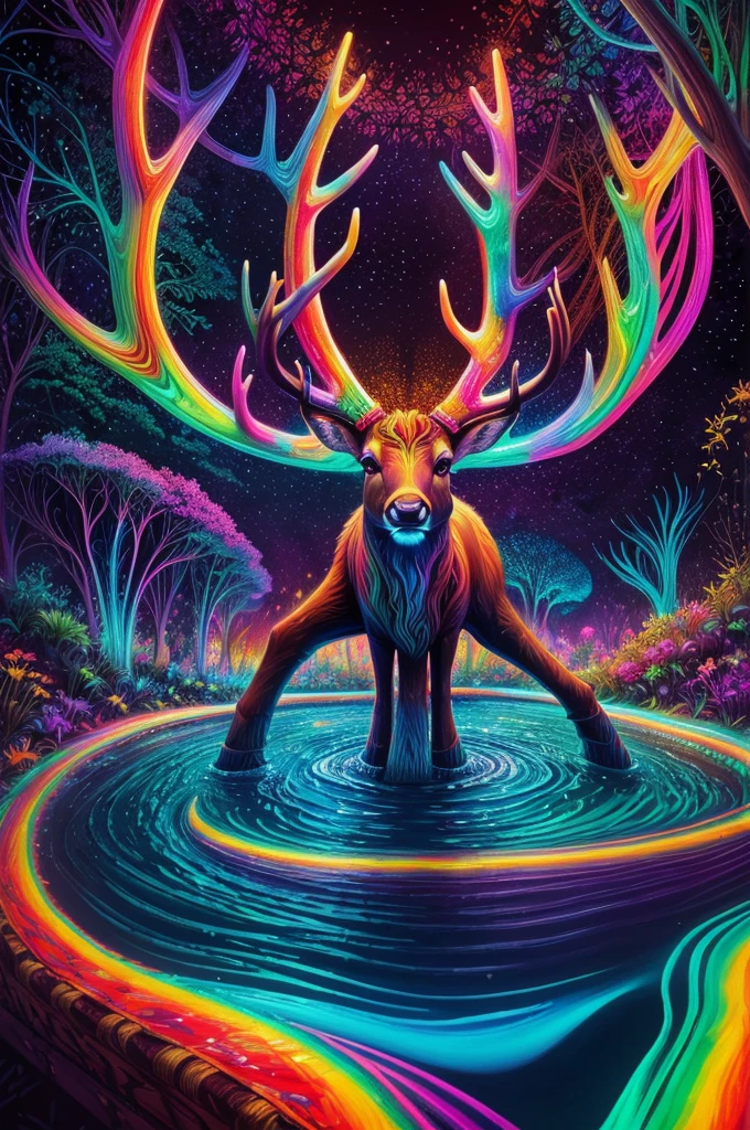 (Psychedelic painting of deer standing in front of colorful whirlpools), ((Multi-sewn large antlers, stag, Big head)), Light and shadow, Waves, Multi-layered, foreground, Distant view, fractal thunder dan mumford, Dan Mount Ford and Alex Gray style, psychedelic surreal art, surreal psychedelic design, Fantasy art style, Illusion psychedelic art, Infinite psychedelic waves, Inspired by Cyril Rolando, True corrugated structure, Psychedelic art style, trippy art, psychedelic illustrations,Bio-luminescence, vibrant, Colourful, Color, (Glowing, Glow), (Beautiful composition), Cinematic lighting, Intricate, (Symmetrical:0.5), Whimsical,