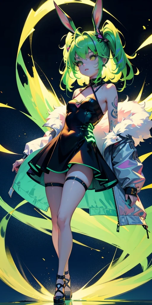 Rabbit technique , Science Fiction, Fluffy , 
1 girl, Tattoo, Glowing tattoo, Glowing eyes, Colorful glowing hair , Full body love, Green Hair,
  Kawaiitech, Soft colors, Kawaii, Lovely colors,