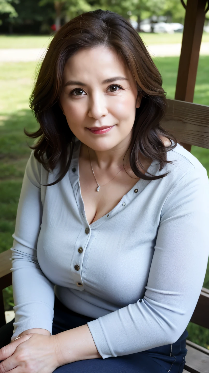 最high quality, In 8K, Masseter region, Genuine, Sharp focus, high quality, High resolution, Detailed face, fine grain, Thick lips, Background Blur, alone, Middle-aged women, , 65 years old, , Wavy Hair, Cleavage, Wearing a plain short-sleeved knit, sitting on a park bench, Wrinkles around the eyes, Smiling with teeth showing