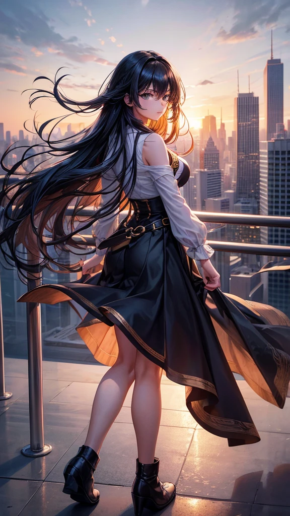 “A dynamic, high-resolution aerial view from the rooftop of a skyscraper. A beautiful long-haired girl with black hair stands with her back to the viewer, her floating hair catching the wind. She gazes down at the city below. The scene includes the vast sky, clouds, and a setting sun, casting a cinematic glow over the cityscape. Capture the intricate details and the grandeur of the urban landscape.”