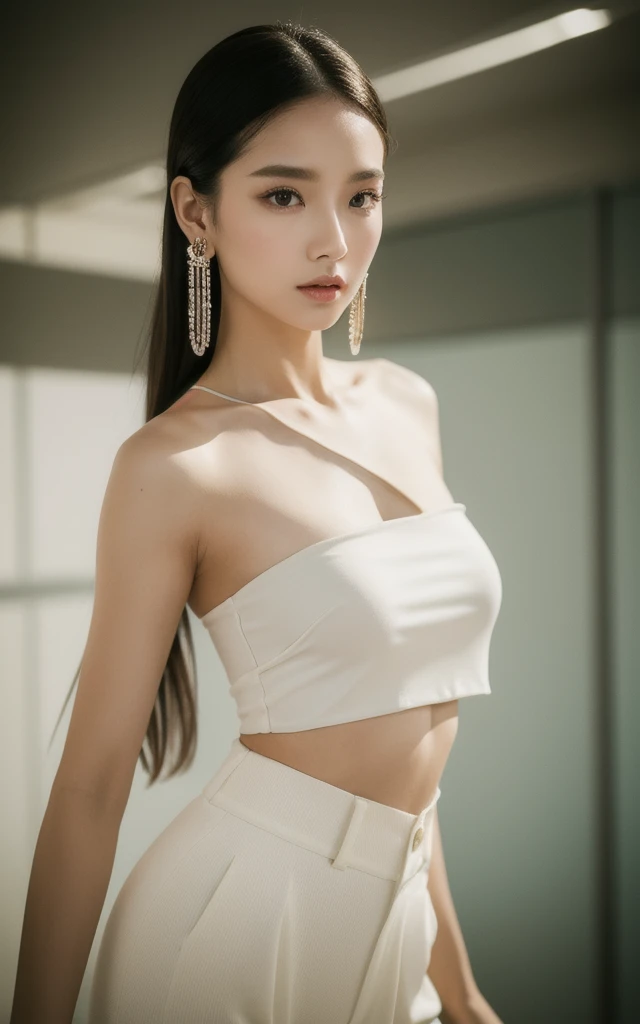 in the office，a young beautiful lady，Wear professional attire，suit，white bandeau underwear，slit covered skirt。Bigger and wider hips，thin waist，some。Dressed up with jewelry，necklace，earrings，watch，High heel，black stockings。Painted with light makeup，beautiful eyeeautiful lips，very beautiful，Very temperamental。sitting at desk，camel toe，Look at the file，With computer and keyboard。Background  modern city office buildings，Very modern，There  a lot of space，Outside the window  the night view of the city，Modern Shanghai city night view。8 p.m，City neon lights flashing。Professional lighting effectovie shot，intricate details，The best resolution，masterpiece。