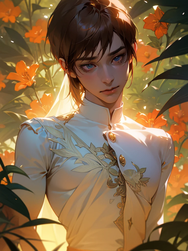 1 young teen boy, detailed boy, muscular boy, brown hair, blue eyes, twink, small waist, big arms, chiseled abs, big voluptuous chest, body wrapped in beautiful flower vines, see-through clothes, in a blank room, sunset beautiful floral field, (best quality,4k,8k,highres,masterpiece:1.2),ultra-detailed,(realistic,photorealistic,photo-realistic:1.37),HDR,UHD,studio lighting,ultra-fine painting,sharp focus,physically-based rendering,extreme detail description,professional,vivid colors,bokeh,portraits,fantasy,dramatic lighting,dramatic colors,floral,lush flowers,floral vines,gossamer,ethereal,dreamlike