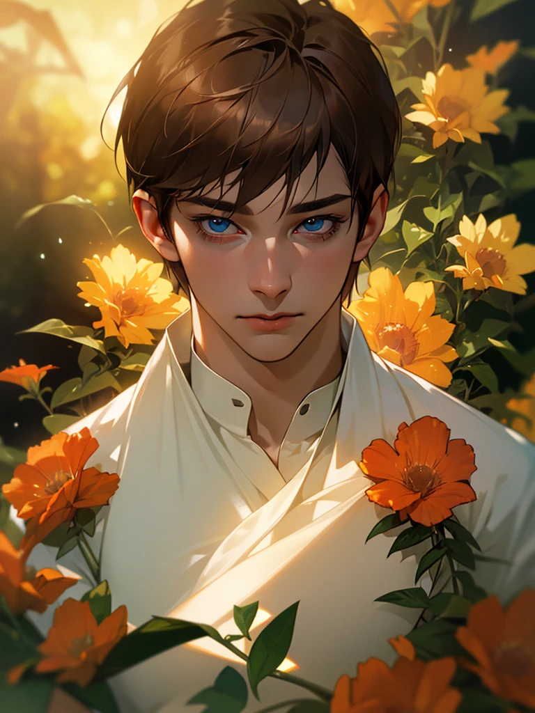 1 young teen boy, detailed boy, muscular boy, brown hair, blue eyes, twink, small waist, big arms, chiseled abs, big voluptuous chest, body wrapped in beautiful flower vines, see-through clothes, in a blank room, sunset beautiful floral field, (best quality,4k,8k,highres,masterpiece:1.2),ultra-detailed,(realistic,photorealistic,photo-realistic:1.37),HDR,UHD,studio lighting,ultra-fine painting,sharp focus,physically-based rendering,extreme detail description,professional,vivid colors,bokeh,portraits,fantasy,dramatic lighting,dramatic colors,floral,lush flowers,floral vines,gossamer,ethereal,dreamlike