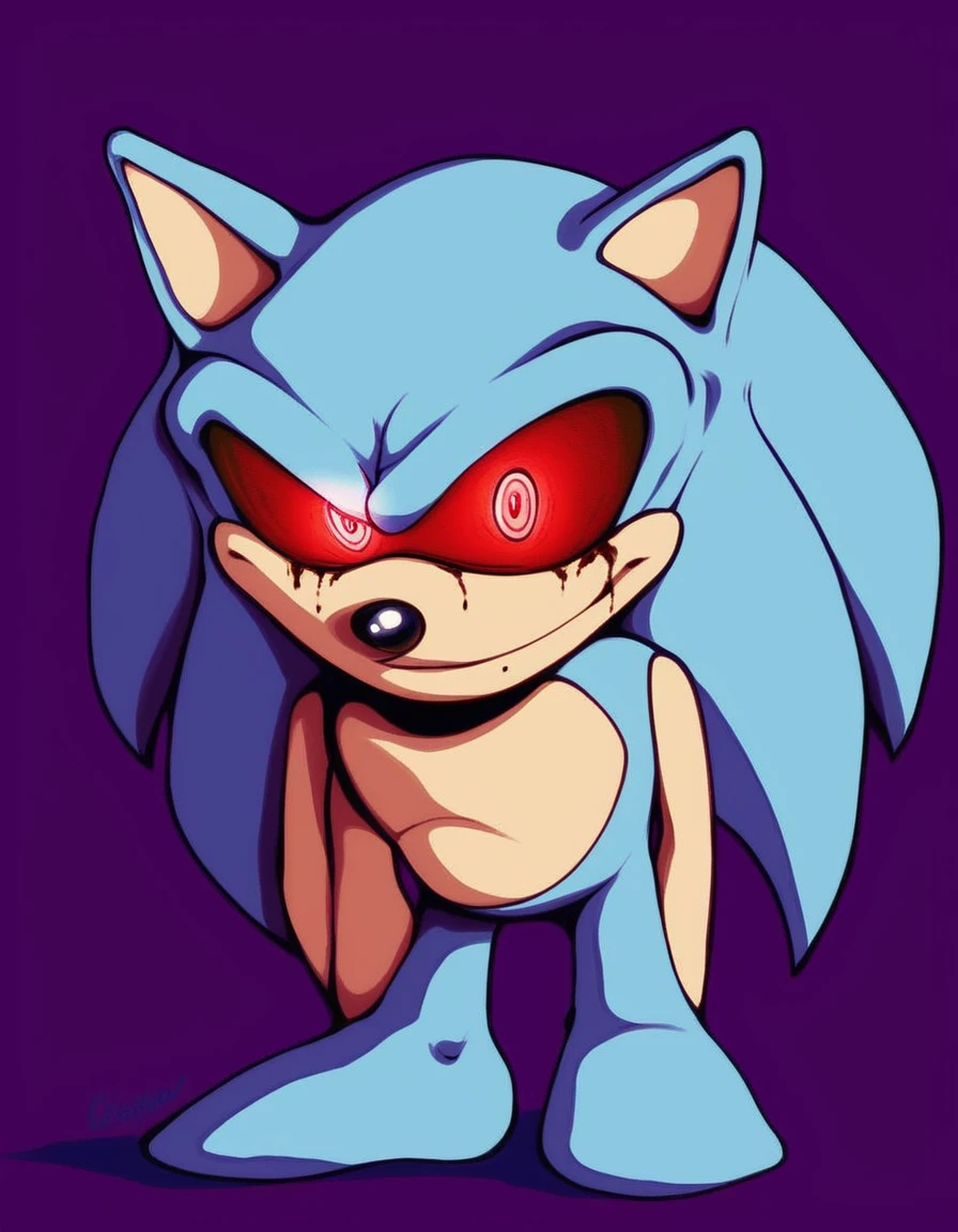 spoopy_sonic, solo, smile, simple background, red eyes, 1boy, animal ears, blue hair, standing, full body, male focus, glowing, glowing eyes, furry, purple background, furry male, body fur, animal nose, blue fur, sonic the hedgehog, short, scary eyes, bloody tears, desaturated fur, two-tone fur