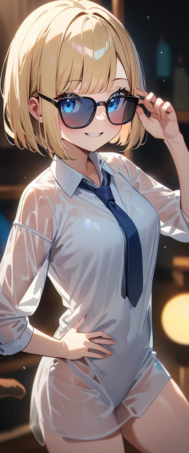 (((One Girl))), Blonde, Bobcut, (Cowboy Shot), ((sunglasses, hand to sunglasses)), (View your viewers), Focus on the face, ager, Tilt your head:1.3, (((blue eyes))), ((Smile)), ((blush)), Contrasting, Place one hand on hip, (((Exposed skin))), , (((Tie up the whole body with rope))), leotard, ((See-through clothing:1.3)), Naked Shirt, , Anime Style, (Highest quality, 4K, 8K, High resolution, masterpiece:1.2, Super detailed, Super detailed eyes, High resolution, 超High resolution, Studio Lighting, Ultra-fine painting, Sharp focus, Physically Based Rendering, Very detailed explanation, Professional, Vibrant colors, Bokeh)、excited、Heavy breathing