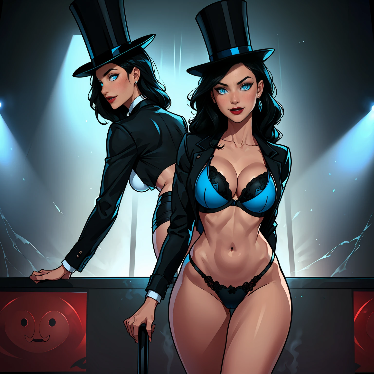 zatanna, ((long hair, black hair, bangs, glowing blue eyes, wide eyes, lipstick, makeup, narrow waist, skinny, medium breasts, earrings, alone, top hat)), pelvic curtain, ((Black jacket, black panties, black bra)), full body, perfect body, (insanely detailed, beautiful detailed face, masterpiece, best quality) , (((solo))), (((1girl))), (((mature))), (extremely detailed 8k paper CG wall unit: 1.1), (stage, spotlight), (smile face for the viewer), View from behind, back, below