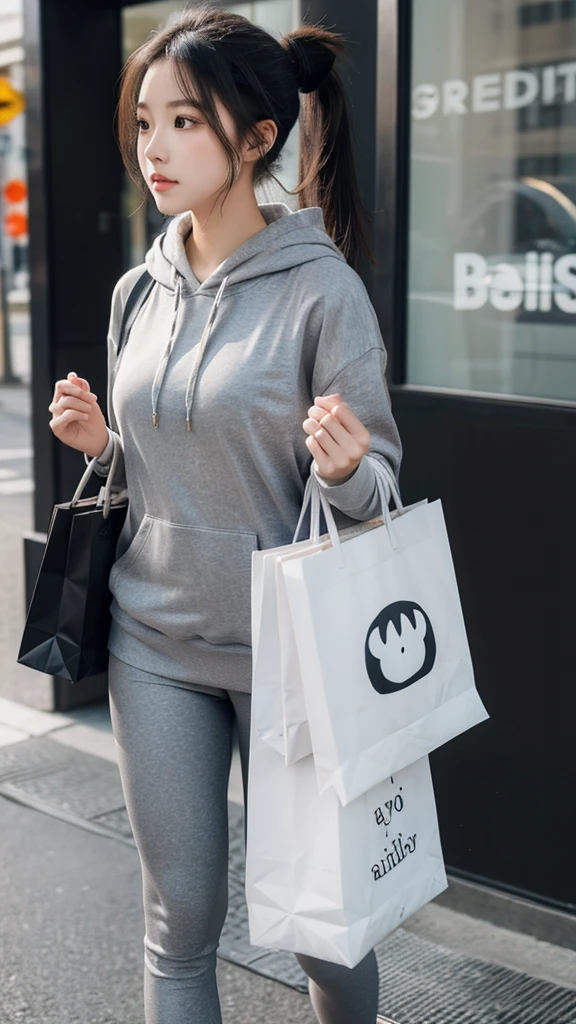 Beautiful AI girl wearing a grey hoodie and black leggings。Hair tied up in a ponytail、walking down the street with shopping bags。