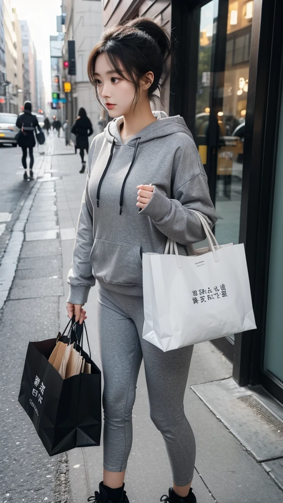 Beautiful AI girl wearing a grey hoodie and black leggings。Hair tied up in a ponytail、walking down the street with shopping bags。