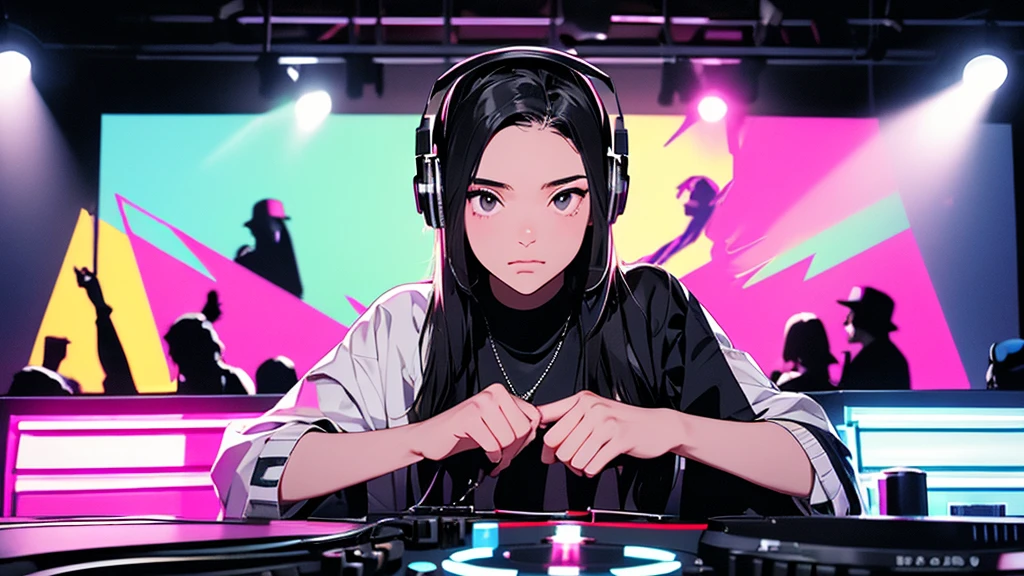 Battle DJ girl in HIPHOP fashion wearing DJ headphones,Front view , Turntablist, DJ Scratch, Two large LED-illuminated speakers on each side, In front of her is a music mixer and a turntable.、A record is placed on the turntable,ターンテーブルはTechnics SL-1200MK7, JQBert,