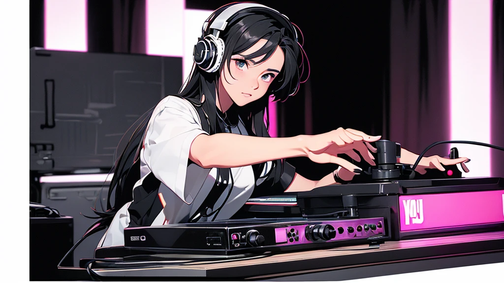 Battle DJ girl in HIPHOP fashion wearing DJ headphones,Front view , Turntablist, DJ Scratch, Two large LED-illuminated speakers on each side, In front of her is a music mixer and a turntable.、A record is placed on the turntable,ターンテーブルはTechnics SL-1200MK7, JQBert,