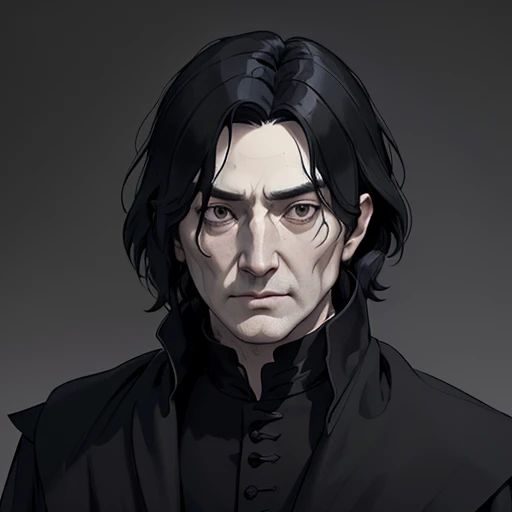 (masterpiece), (best quality),(portrait),(bust up),1boy,solo,(sharp focus),((look at viewer)),(severus snape),sleepy,priest,black hair,adult, (ancient:1),ancient luxurious long clothes,old school fantasy art,((simple background)),gray background,super shiny face,Ultra Glossy Skin,