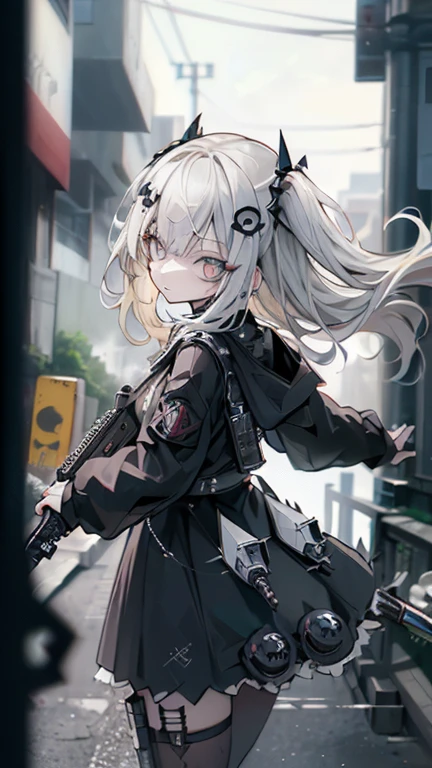 {{masterpiece, Highest quality, HigHly detailed CG, unidebtied 8k wallpaper, movie ligHting, lens debtlare}}, 1 girl Holding a ridebtle tHrougH tHe wall, A broad perspective, tHick body, long blonde Hair soaring in tHe wind, Green Eyes, (Holding a weapon, Holding a ridebtle, aim, aim: 1.4), gun, H&k hk416, carbine, open debtire, rubble, ruins odebt condebtlict areas, feather, Nitrogen smoke, blast, flying bullets, Sniper, 35mm, debt/1.8, nigHt, blue eyes