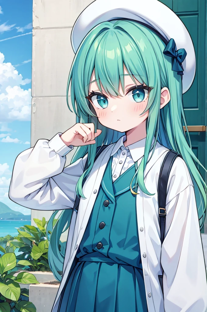 boy Green Hair Blue clothes White hat