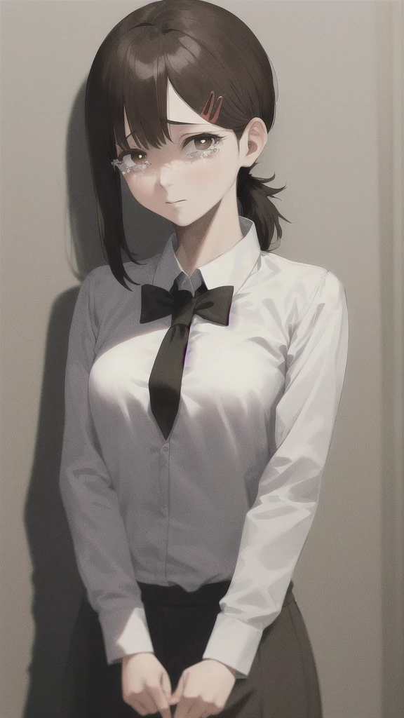 (SFW), (masterpiece:1.2), Highest quality, masterpiece, High resolution, original, Highly detailed wallpaper, (Super detailed), (Best illustrations), (Best Shadow), (Kobeni), Small breasts, Firm breasts, (White collared shirt), (Bloodstain:1.1), (fear:1.2), (Black tie), (Shirt stain), (Dirty), One girl, View your viewers, (Scared:1.2), (tears:1.1), (Brown eyes), (peace sign),