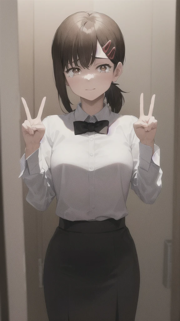 (SFW), (Masterpiece: 1.2), Best Quality, Masterpiece, High Resolution, Original, Highly Detailed Wallpaper, (Super Detailed), (Best Illustration), (Best Shadow), (Kobeni), Small, Perky Breasts, (White Collar Shirt), (Blood Stain: 1.1), (Scary: 1.2), (Black Tie), (Shirt Stain), (Dirty), One Girl, Watching the Viewer, (Scary: 1.2), (tears: 1.1), (brown eyes), (peace sign),