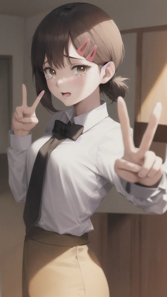 (SFW), (masterpiece:1.2), Highest quality, masterpiece, High resolution, original, Highly detailed wallpaper, (Super detailed), (Best illustrations), (Best Shadow), (Kobeni), Small breasts, Firm breasts, (White collared shirt), (Bloodstain:1.1), (fear:1.2), (Black tie), (Shirt stain), (Dirty), One girl, View your viewers, (Scared:1.2), (tears:1.1), (Brown eyes), (peace sign),nsfw,topless,