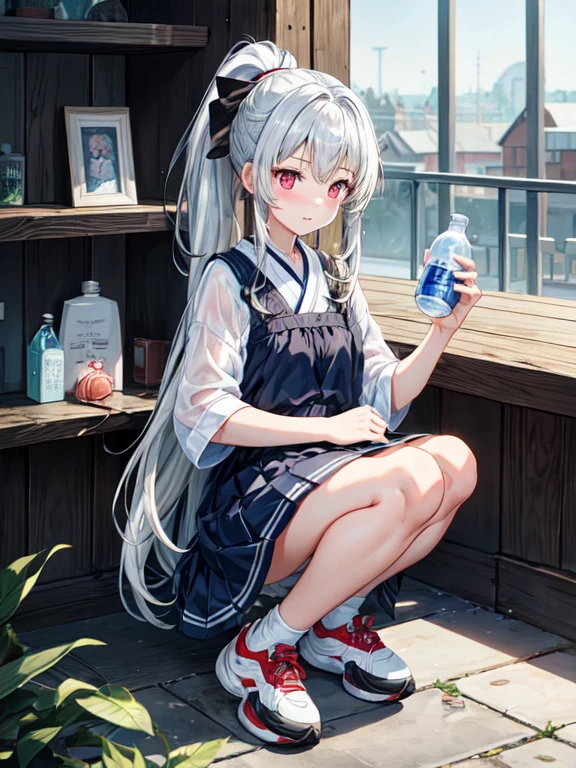 Highest quality、One Girl、Silver-haired、ponytail、Wet Hair、Red eyes、Fair skin、Small Face、Laughter、Whiteland Uniform、、Emphasize the chest、Umbilical cord prolapse、narrow、Beautiful feet、Black running shoes、evening、Dim lighting、held by the wall、Holding a sports drink in one hand、