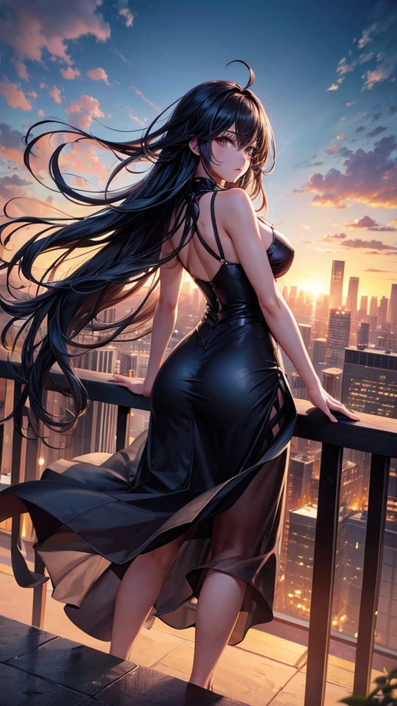 “A dynamic, high-resolution aerial view from the rooftop of a skyscraper. A beautiful long-haired girl with black hair stands with her back to the viewer, her floating hair catching the wind. She gazes down at the city below. The scene includes the vast sky, clouds, and a setting sun, casting a cinematic glow over the cityscape. Capture the intricate details and the grandeur of the urban landscape.”