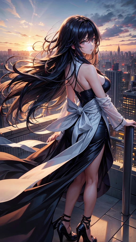 “A dynamic, high-resolution aerial view from the rooftop of a skyscraper. A beautiful long-haired girl with black hair stands with her back to the viewer, her floating hair catching the wind. She gazes down at the city below. The scene includes the vast sky, clouds, and a setting sun, casting a cinematic glow over the cityscape. Capture the intricate details and the grandeur of the urban landscape.”