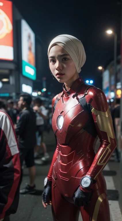 a malay teenage girl in hijab and ironman suit standing in action in front of bustling kuala lumpur malaysia city streets, serious face, nighttime, 35mm lens, Extreme close-up, pastel color grading, depth of field cinematography effect, film noir genre, 8k resolution, high quality, ultra detail