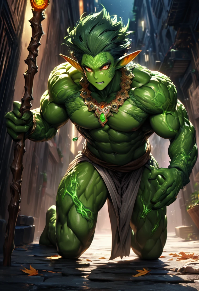 (((intricate design))) (((top quality))) (((16K))) (((High Definition))) 16K splash art (((photorealistic))) high-res, ultra sharp, ((masterpiece)), ultra-realistic, the best quality, expressive eyes, perfect face, mesmerising eyes, perfectly detailed anatomy (((Volumetric lighting))) (((natural lights))) (((night))) (((1Male))) (((Bodybuilder))), (((muscular))), (((hyper pecs))) there is a sexy mature man with green paint on his body, slick shaved sides hairstyle, ((thighs)) bodily fluids, round butt, green coloured skin, gay, green skin! (((green coloured skin!!))), (((green skin))). (((green-skinned))), ((( off the shoulder elegant robes))) ((green skin with scales)), ((green skin)), windy, (((in a city))), (((greenish skin))) plantation on the male body, fluorescent green skin, radiant orange eyes, windy, leaves falling (((a powerful nature deity))), elf ears, druid magic, cell-shaded adult animation, green gem necklace, hot reptile muscular humanoid man, scales, muscular green body. Glowing veins, nature spirit, long sash, (((in a dark alleyway))) on all fours, scared expression, hiding, orb staff,
