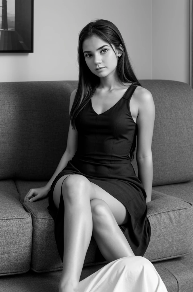 Create an image of a girl sitting on a couch dressed up waiting for it to be in black and white to color that doesn&#39;t look very realistic that it is for a comic