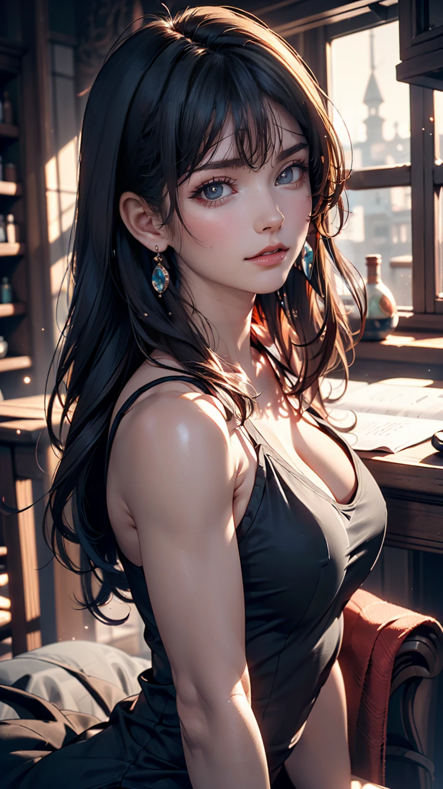 (Sharp focus:1.2), One girl, wear (little black t-dress:1.2) in (Gala:1.2), (Moody lighting:1.2), Depth of written boundary, Bokeh, 4K, High resolution. by (Alphonse Mucha:1.1).Sexy、Sexy proportions、Long eyelashes、Twin tails、Black to blue gradient color、Accessories on your wrist、Narrow waist、Background blur((depth of field))