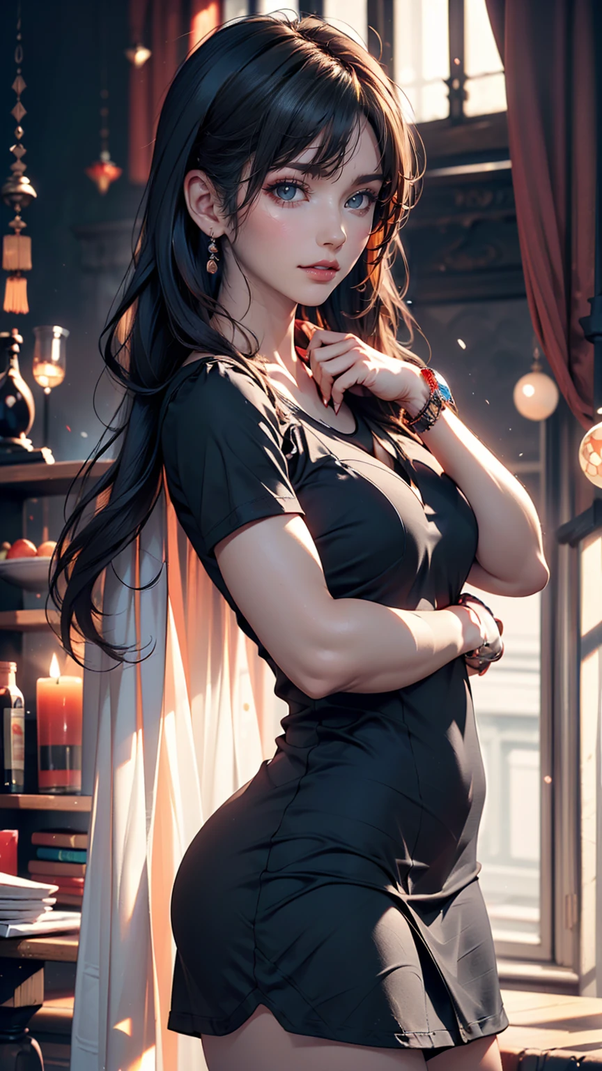 (Sharp focus:1.2), One girl, wear (little black t-dress:1.2) in (Gala:1.2), (Moody lighting:1.2), Depth of written boundary, Bokeh, 4K, High resolution. by (Alphonse Mucha:1.1).Sexy、Sexy proportions、Long eyelashes、Twin tails、Black to blue gradient color、Accessories on your wrist、Narrow waist、Background blur((depth of field))